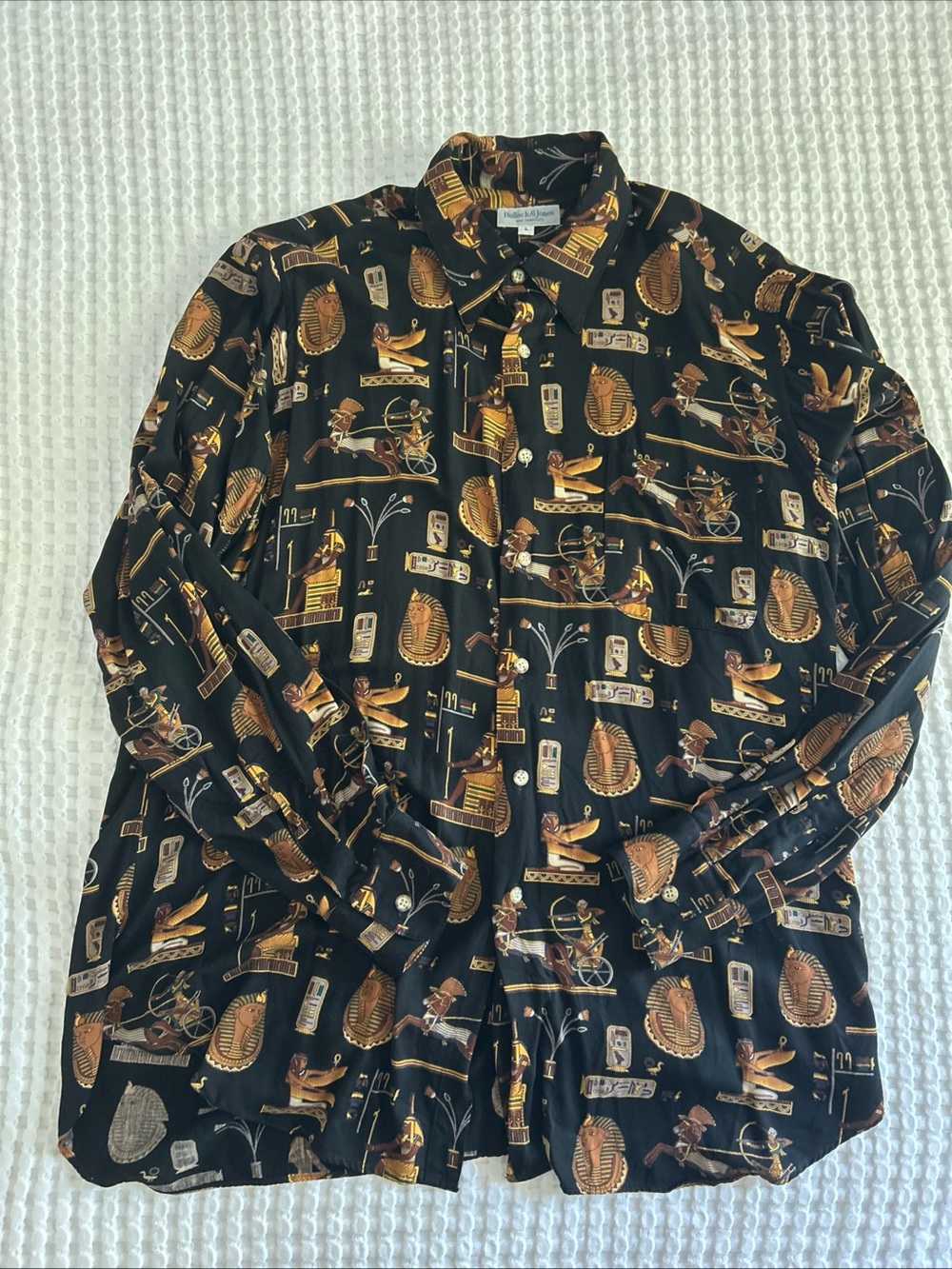 Bullock & Jones Designer Egyptian Motif Black Button-Up Shirt Size Large